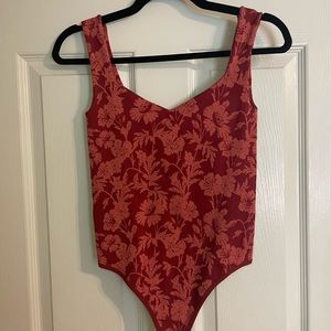 Printed Clean Lines Wine Red Floral Print Sleeveless Bodysuit